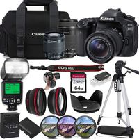 Canon EOS 80D Digital SLR Camera w/EF-S 18-55mm f/3.5-5.6 is STM + EF-S 55-250 f/4-5.6 is STM Lenses, 64GB Memory, TTL Bounce Flash, Canon Case,Tripod, Filter Kit, Professional Bundle