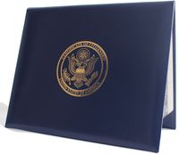 U.S. Citizenship and Naturalization certificate padded holder with cover. Gold American Eagle logo 'Certificate of Citizenship', 'United States of America'. Illustrated inside with the 14th Amendment
