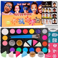 Miserwe Face Paint Kit-18 Colors,40 Stencils,1 Silver Sticker,2 Glitter Powder,4 Brushes, 4 Sponge Kit Professional Safe Non-Toxic Washable Body & Face Paint for Kids Adult
