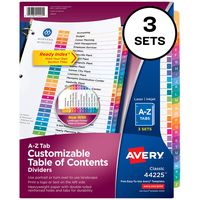 Avery A-Z Tab Dividers for 3 Ring Binders, Customizable Table of Contents, Multicolor Tabs, 3 Sets (44225)