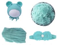 Jay-EE Newborn 4 Pcs Photography Props Set Baby Photo Prop Long Ripple Stretch Wrap, Headband, Ears Hat and Faux Fur Backdrop Blanket (Light Green)