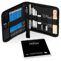 Drawing Set by Jannay - Sketch Pencils and Tools, Professional Art Supplies in a Portable Case - 34 pcs - Bonus: White Charcoal Pencil and 100 Pg Quality Paper Pad Notebook - No Sharp Knives
