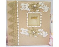 Towdah Perez higher volume capacity XL magnetic page wedding album. 80 pages, 4x6, 5x7, 8x10, 8x12 photos, gift box luxury white/gold pen. Fabric pearls gold lace flowers wedding album, personalizable
