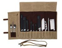 ExecuChef Waxed Canvas Knife Roll | 15 Knife Slots, Card Holder and a Large Zippered Pocket | Genuine Top Grain Leather, Cloth and Brass Buckles | For Professional Chefs and Culinary Students (Beige)