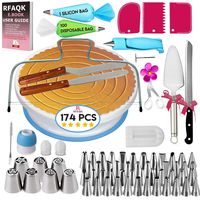 174 PCs Cake Decorating Supplies Kit for Beginners-1 Turntable stand- Cake server & knife set-48 Numbered Easy to use icing tips with pattern chart and E.Book-7 Russian Piping nozzles -2 Spatulas