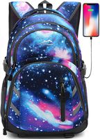 Galaxy Backpack Bookbag for School College Student Laptop Travel Business with USB Charging Port Laptop Compartment Luggage Straps Anti theft Night Light Reflective (Galaxy)