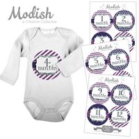 12 Monthly Baby Stickers, Purple, Baby Girl, Baby Belly Stickers, Baby Month Stickers, First Year Stickers Months 1-12, Light Purple, Dark Purple, Chevron, Stripes, Girl