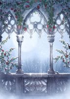Frozen Castle Window Backdrop Falling Snow red Rose Christmas Winter Romantic Wedding Scene ice Retro Old Gothic Balcony Flowers Printed Fabric Photography Background (W1242, 5' Wide by 7' Tall)