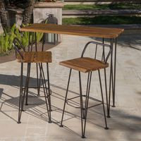 Leonardo Outdoor Industrial Teak Finished Acacia Wood Bar Set with Rustic Metal Finished Iron Frame