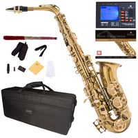 Mendini by Cecilio Eb Alto Sax w/Tuner, Case, Mouthpiece, 10 Reeds, Pocketbook and 1 Year Warranty (Lacquered Gold)