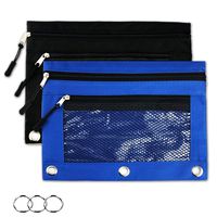 Binder Pencil Pouches - 2 Pieces 3 Ring Pencil Pouch with Zipper Pulls Double Pockets Pencil Case with Clear and Mesh Window (2 Pieces, Blue and Black)