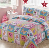 Kids Zone Home Linen 3pc Full/Queen Bedspread Coverlet Quilt Set for Girls Patchwork Butterfly Flowers White Purple Blue Green Pink