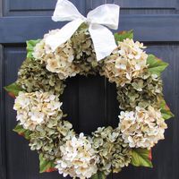 Year Round Artificial Hydrangea Wreath for Summer Spring Everyday Front Door Decor; Green and Cream; Small - Extra Large Sizes