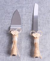 Set of 2, Rustic Wedding Cake Knife and Serving Set with Twine Heart Love Wood Tag Burlap Lace