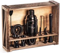 Mixology Bartender Kit: 11-Piece Black Bar Set Cocktail Shaker Set with Rustic Wood Stand | Perfect Home Bartending Kit with Gun Metal Bar Tools and Martini Shaker for Foolproof Drink Mixing