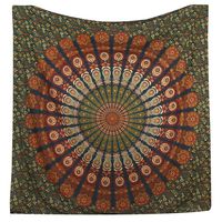 Bless International Indian Hippie Bohemian Psychedelic Peacock Mandala Wall Hanging Bedding Tapestry (Golden Green, Queen(84x90Inches)(215x230Cms))