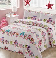 Kids Zone Home Linen 2pc Twin Bedspread Coverlet Quilt Set for Girls with Multi-Color Owls Flowers White Pink Purple Green