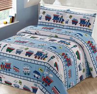 Kids Zone Home Linen 3pc Full/Queen Bedspread Coverlet Quilt Set for Boys Multi-Color Train Choo-Choo Rail Roads Tracks Wagon Blue White Red