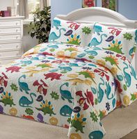 3pc Full/Queen Bedspread Coverlet Quilt Set for Kids Multi-Color Dinosaurs Red Yellow Green White