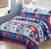 3pc Full/Queen Bedspread Coverlet Quilt Set Sports for Boys/Kids Baseball Basketball Soccer Ball Football Hockey Home-run Touchdown Red Blue