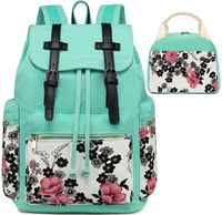 Women Canvas Backpacks Girls School Backpack with Lunch Box Lady Travel Rucksack Vintage Bookbag (W-Blue Flower+Lunch bag)