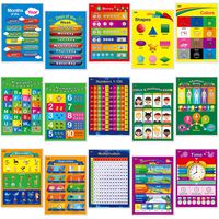 15 Laminated Educational Posters, Alphabet, Shapes, Colors, Numbers 1-100, Multiplication Table, Days of The Week, Months of The Year,Money,Emotions,Human Body,Time,Opposites,Seasons,Weather
